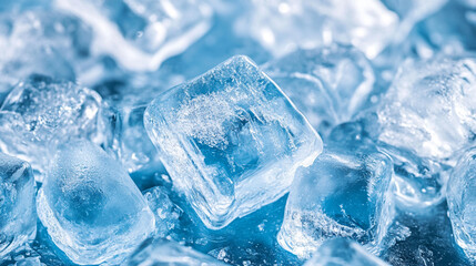 Obraz premium ice cube cold crystal background banner with copy space on blue wet surface top view. Ice Cubes - Cool Refreshing Crystals With Water Drops