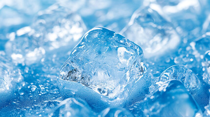 Obraz premium ice cube cold crystal background banner with copy space on blue wet surface top view. Ice Cubes - Cool Refreshing Crystals With Water Drops