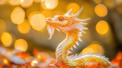 Obraz premium Golden Dragon Figurine in Autumnal Bokeh