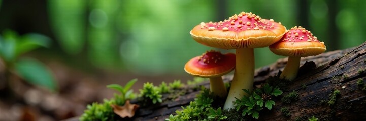 Fototapeta premium Mushrooms growing from decaying logs in damp woodland, lepiota castanea, fungal life, woodland ecosystem