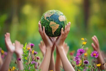 Children holding green earth globe in flower field: environmental conservation concept