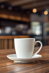 Fototapeta premium Coffee cup on saucer sits on wooden table, creating cozy atmosphere. blurred adds warmth to scene