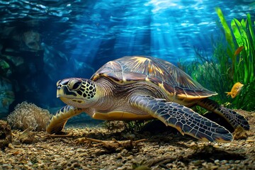 Obraz premium Graceful sea turtle swimming through vibrant coral reef underwater landscape nature photography tranquil ocean environment close-up perspective