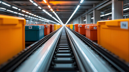 Fototapeta premium Automated Warehouse Conveyor System with Colorful Bins (1)