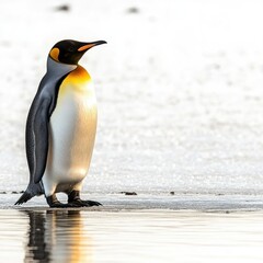 Fototapeta premium A solitary emperor penguin stands on icy terrain by the water's edge.