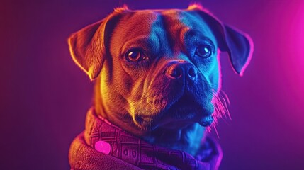 A close-up of a dog's face illuminated by vibrant neon lights. Perfect for pet portraits, album covers, or social media posts.