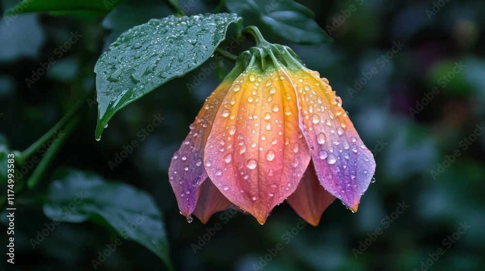 Poster a macro shot of a colorful flower with sparkling water droplets on its petals, set against a blurred
