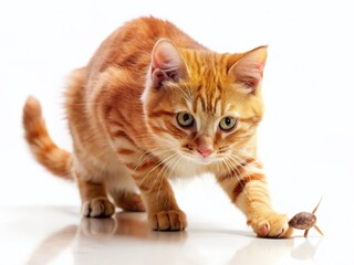 Obraz premium Funny Ginger Kitten Hunting Mouse Toy, 4K White Background Stock Photo