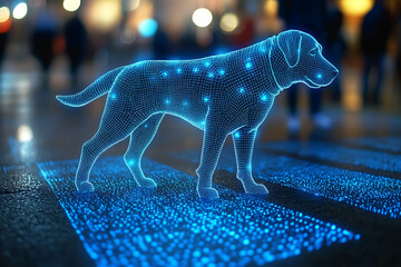 Glowing wireframe illustration of a guide dog leading a visually impaired person across a crosswalk on a transparent background, highlighted by a combination of blue and black data points, symbolizing