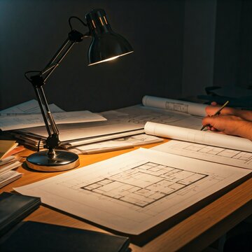 Mesa de arquitecto dibujando un plano