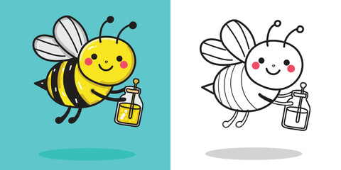 A cute cartoon bee flying for a design element or coloring book element