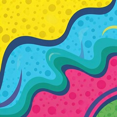 A fun and colorful background with polka dots and wavy lines in vibrant shades of yellow, blue, pink, and green, featuring cartoon-like effects.