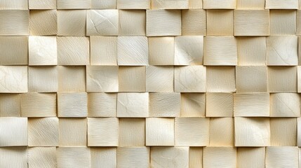 A textured pattern of light-colored wooden squares arranged in a grid formation, showcasing natural wood grain and a modern design aesthetic.