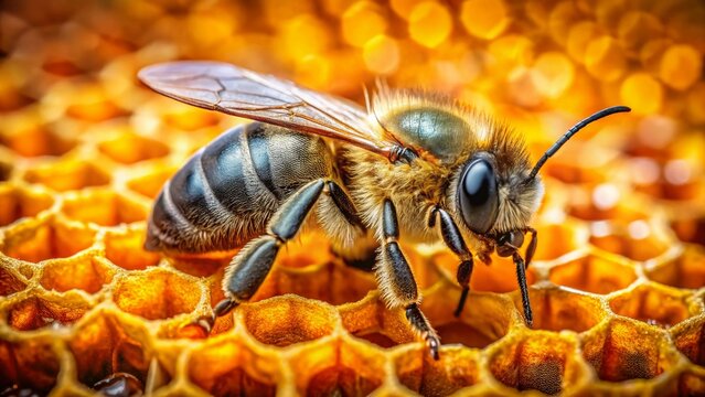 Osmium Bee on Honeycomb: Close-up Macro Food Photography