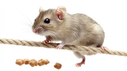 A mouse on a rope with food pellets nearby.