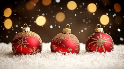 Festive christmas ornaments displayed on snowy surface with glittering background holiday spirit warm atmosphere