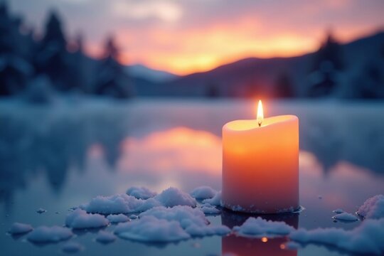 Softly glowing advent candle on a frozen lake, quiet dawn, soft light