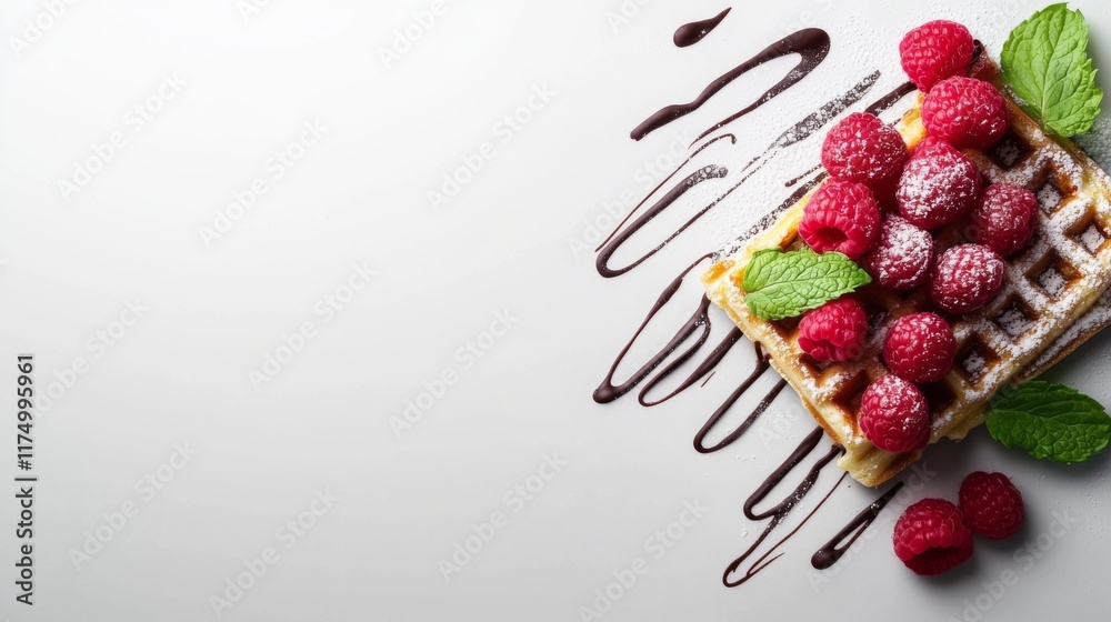 Poster a minimalist flat lay of a waffle topped with raspberries, chocolate drizzle, and mint leaves, prese