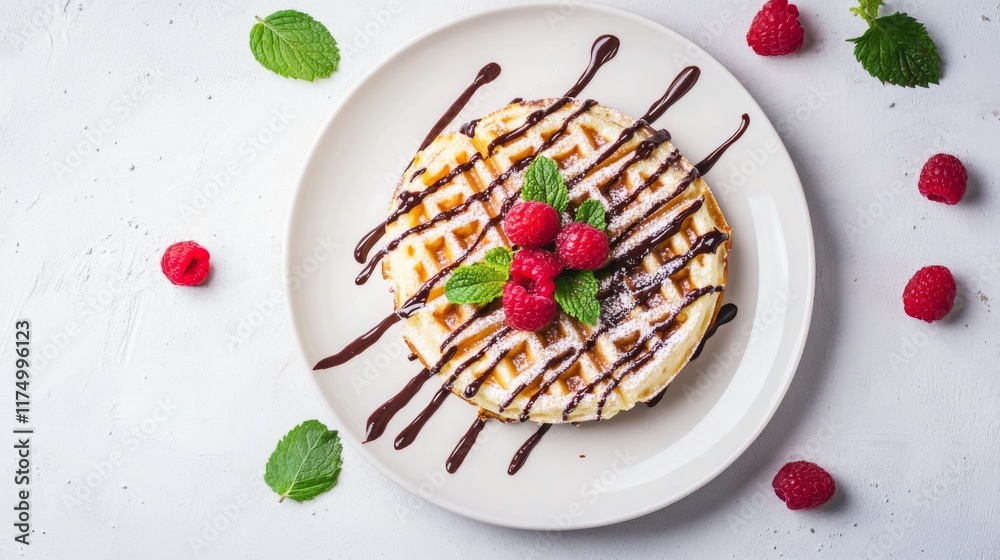 Poster a minimalist flat lay of a waffle topped with raspberries, chocolate drizzle, and mint leaves, prese