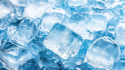 Ice cubes on blue Clear ice cubes scattered on a light blue background, perfect for cocktail, drink, 