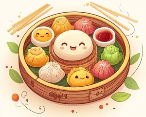 Whimsical cartoon platter with cute dim sum characters, smiling dumplings, playful bao buns, and colorful sauces, a delightful and cheerful design