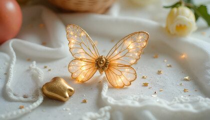 Sparkling fairy wings resting on white lace fabric next to a gold tooth-shaped pendant