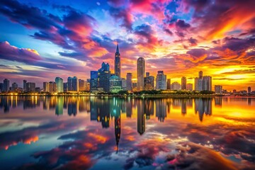 Fototapeta premium Futuristic City Sunset Skyline: Vivid Lights & Reflections in Vibrant Sky