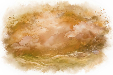 Abstract watercolor landscape, soft earthy tones, dreamy clouds, serene atmosphere, artistic background, nature-inspired design.