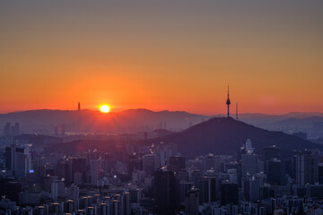 Scenic view of Seoul against sky during sunrise