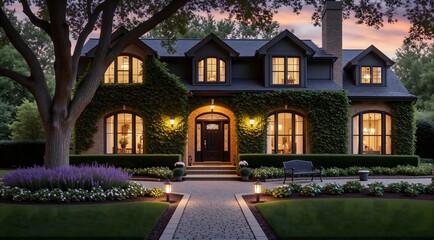 Obraz premium Charming ivy-covered brick home with dormer windows, glowing lights, lush garden landscaping, and a tranquil path under a twilight sky.
