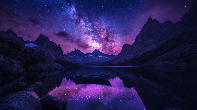 Majestic starry night over mountains and a calm lake with a boat reflecting the Milky Way