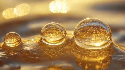 Captivating golden liquid bubbles close-up photography indoor environment abstract concept for visual appeal