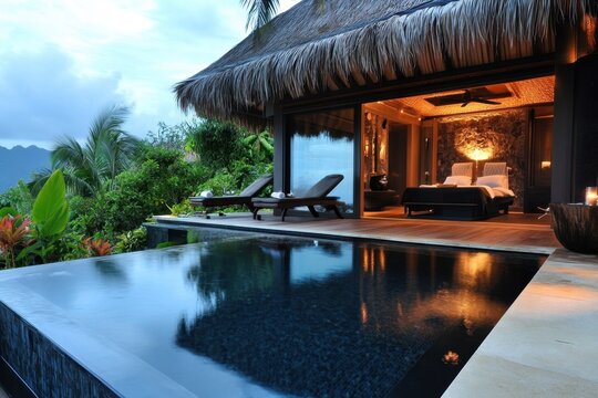 Luxury villa with private pool in tropical setting during twilight hour - Powered by Adobe