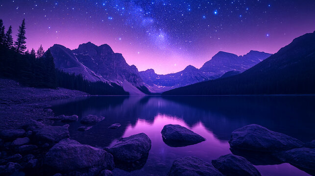 Starry night over a calm lake with mountain reflections and the Milky Way in a purple sky