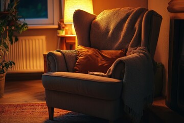 Fototapeta premium Cozy armchair, warm light, soft blankets, inviting ambiance.