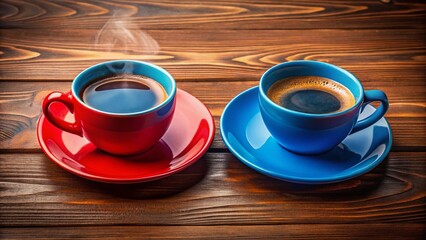 Obraz premium Panoramic Aerial View: Two Hot Coffee Mugs on Wooden Background