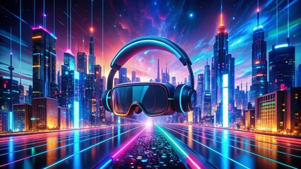 Futuristic Headset in Vibrant Digital Landscape - Night City Glowing Data Points