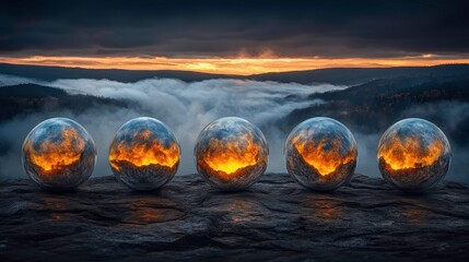 Ethereal fireball phenomenon over misty mountains scenic landscape digital art dramatic viewpoint fantasy concept