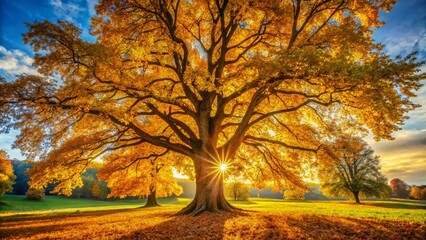 Fototapeta premium Panoramic Autumn Hickory Nut Tree Landscape - Golden Leaves & Sunlight