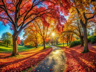 Naklejka premium Panoramic Autumn Park Path: Golden Leaves & Sunlight