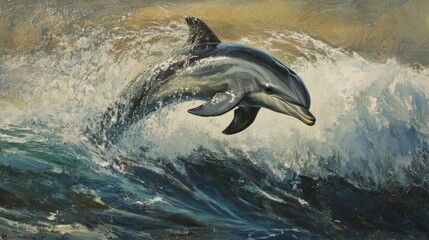 Obraz premium Dolphin leaps ocean wave; painted scene.