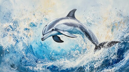 Naklejka premium Ocean mammal leaps through blue waves, textured art.