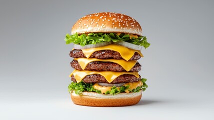 Sizzling burger stacked high gourmet kitchen food photography minimalist setting close-up view culinary delight