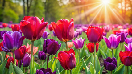Obraz premium Colorful tulip field with bright sunlight