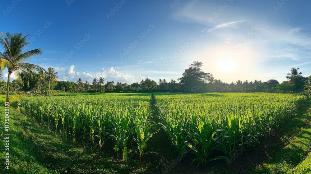 Poster a panoramic view of a vibrant green cornfield under a clear sky, with sunlight filtering through the