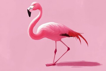 Fototapeta premium Pink bird stands on pink background.
