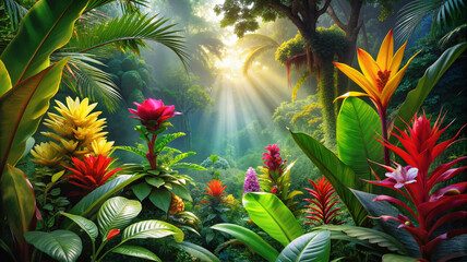 Fototapeta premium Tropical flowers in lush green garden