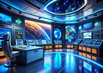 Futuristic Space Exploration Control Room: Sleek Tech Interior with Digital Displays