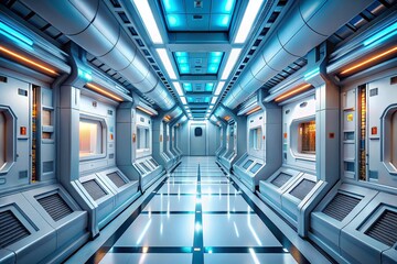 Fototapeta premium Futuristic Spaceship Corridor: Open Doorway to White Infinity - Stock Photo