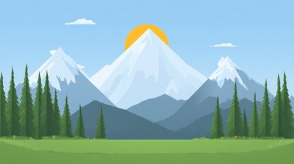 Fototapeta premium Majestic Snow-Capped Mountains at Sunrise Over a Verdant Meadow